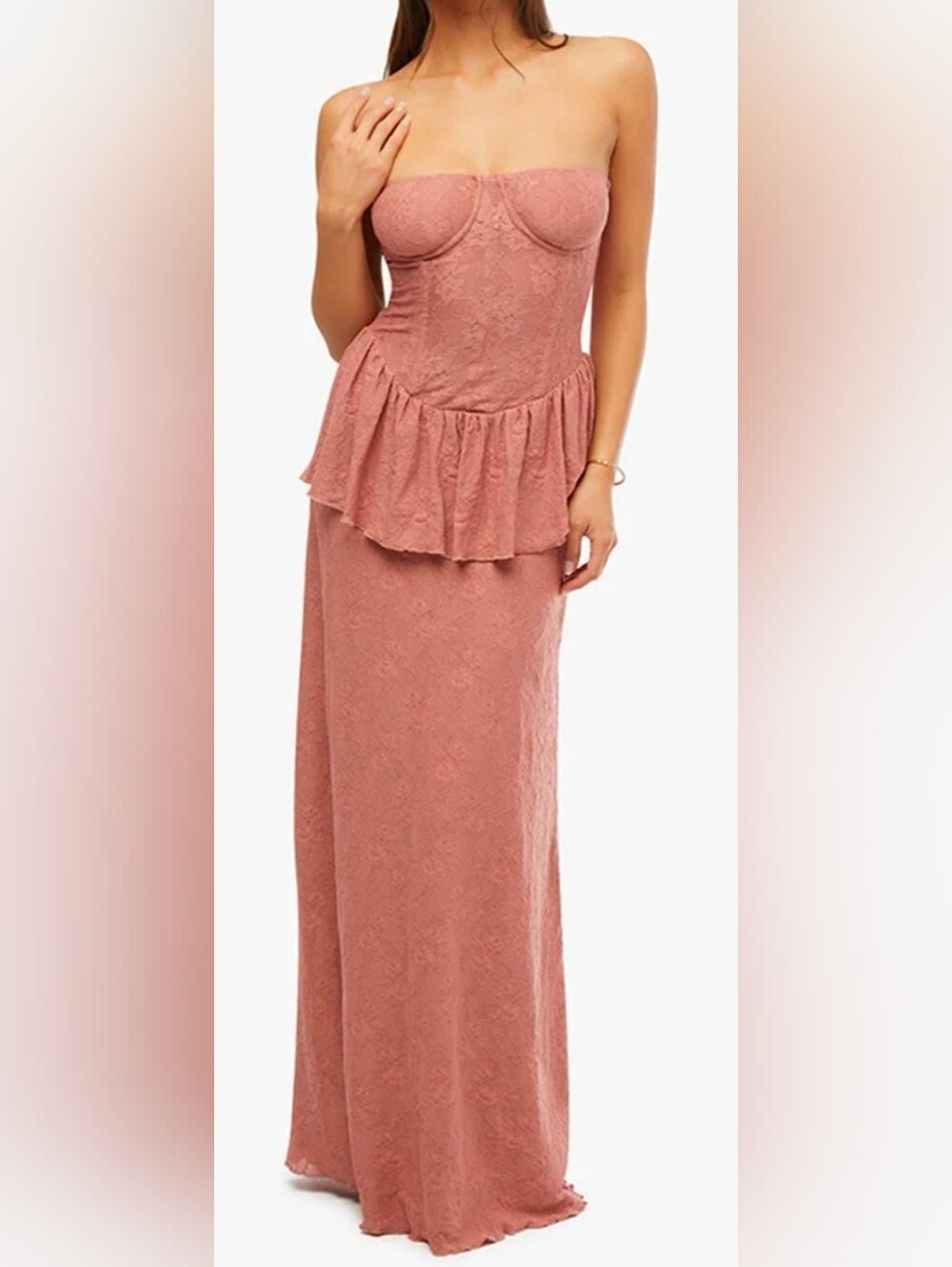 WeWoreWhat Strapless Corset Peplum Lace Maxi Dress